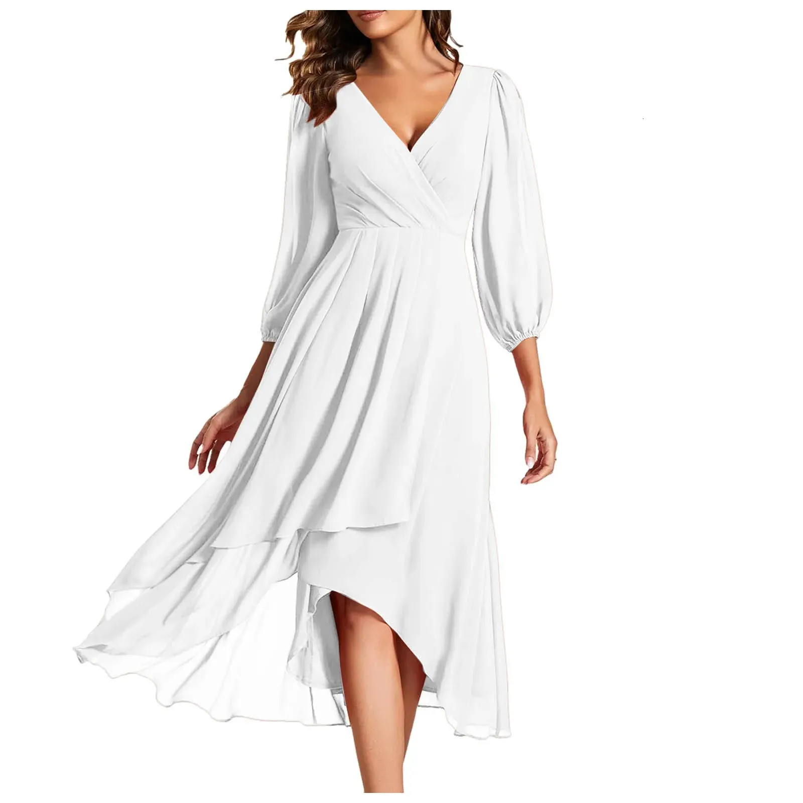 Women Chiffon Spring V Neck Long Sleeves Pleated A Line Midi Length Wedding Guest Dress High Low Dresses 240712
