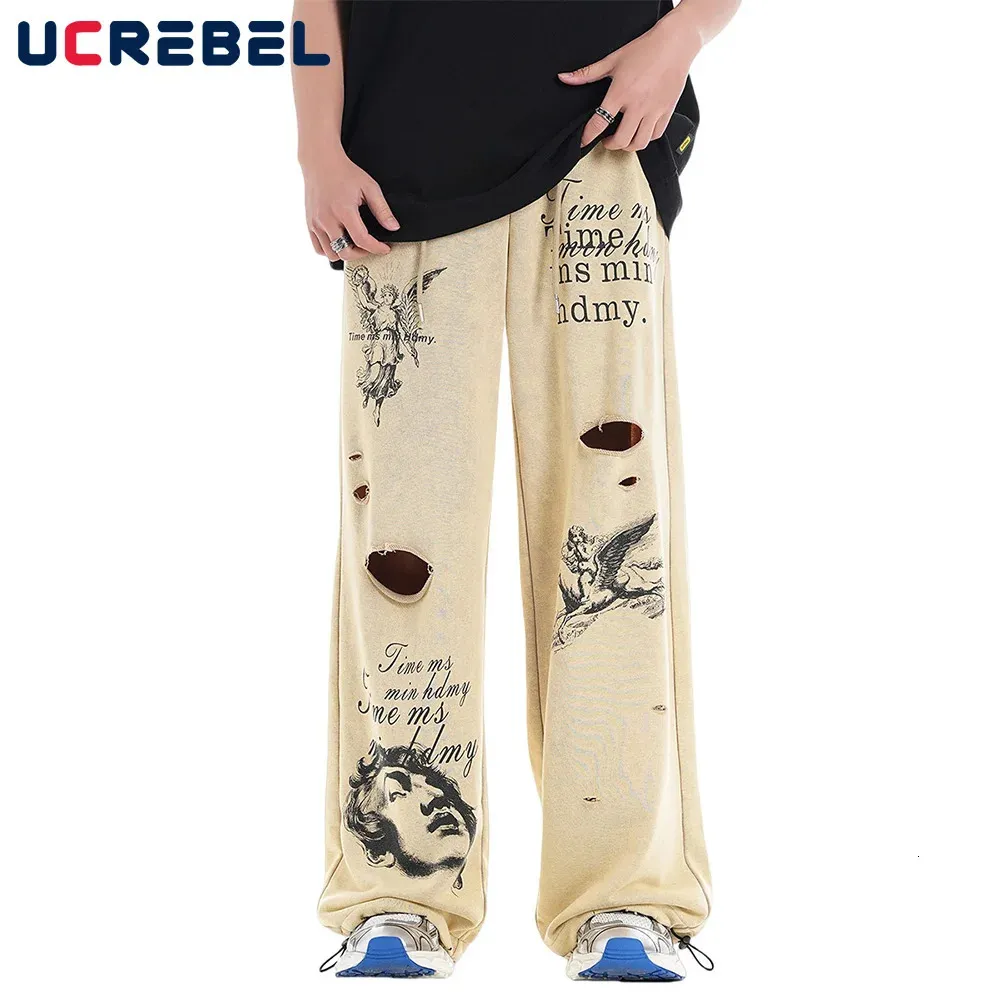 Angel Print Wide Leg Pants Mens Ripped Retro High Street
