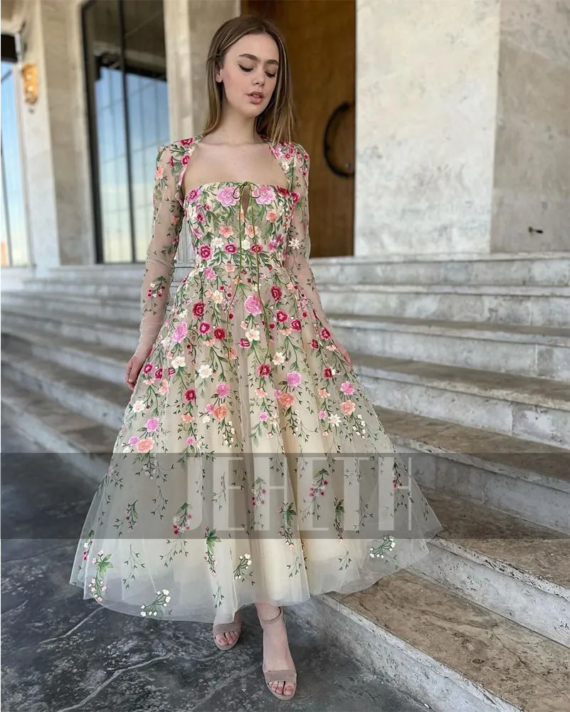 Embroidered Dress Long Sleeve Midi Prom Dress Garden Embroidery