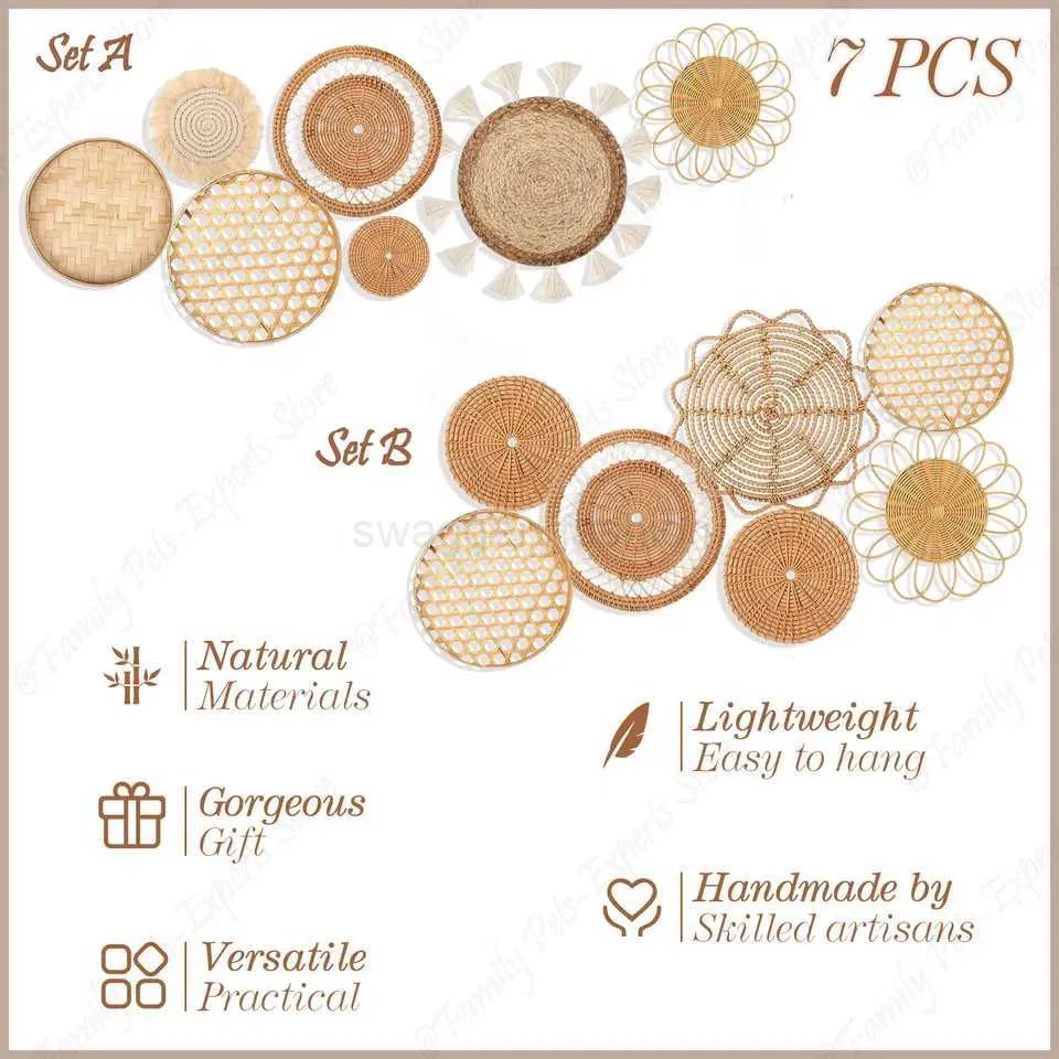 Set di 6 cestini decorativi da parete in rattan, rotondi, in tessuto naturale, cesti piatti in vimini, da appendere in tessuto, per bagno, camera da letto, soggiorno