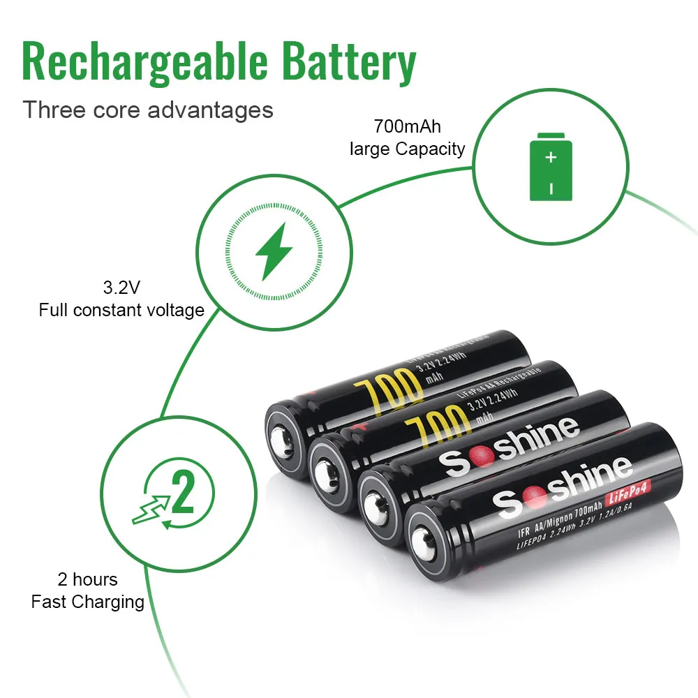 Soshine 3.2V 14500 LiFePO4 700mAh Rechargeable Battery AA 700mAh Batteries and AA AAA 14500 10440 Smart Battery Charger 2 Slot