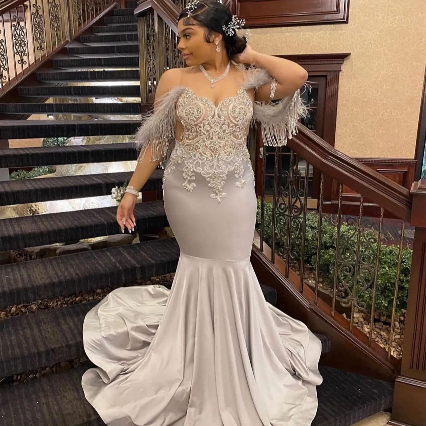 plus size silver formal dress Feathered Plus-Size Long Beaded Prom Dress A1229C Silver Nude / 16 main image 0