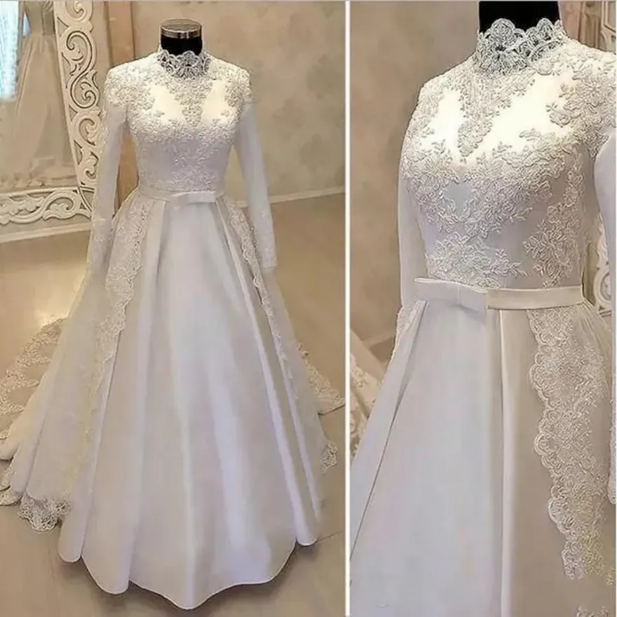 Elegant Lace Arabic Bridal Gown: High Neck Long Sleeve Satin