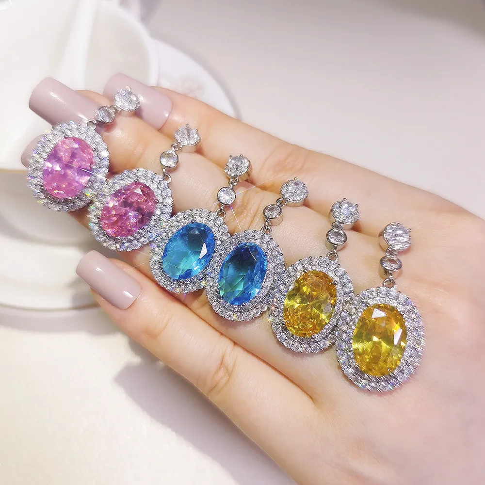 Orecchini a bottone in ottone placcato argento con cristalli ovali colorati e diamanti, con intarsi in zircone, per feste di nozze_voghion.com