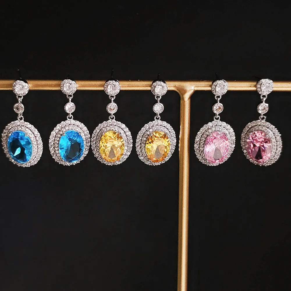 Designer Silver Plated Brass Fashion Colored Oval Crystal Diamond Earrings Ear Studs Inlay Zircon Earings Wedding Party_voghion.com