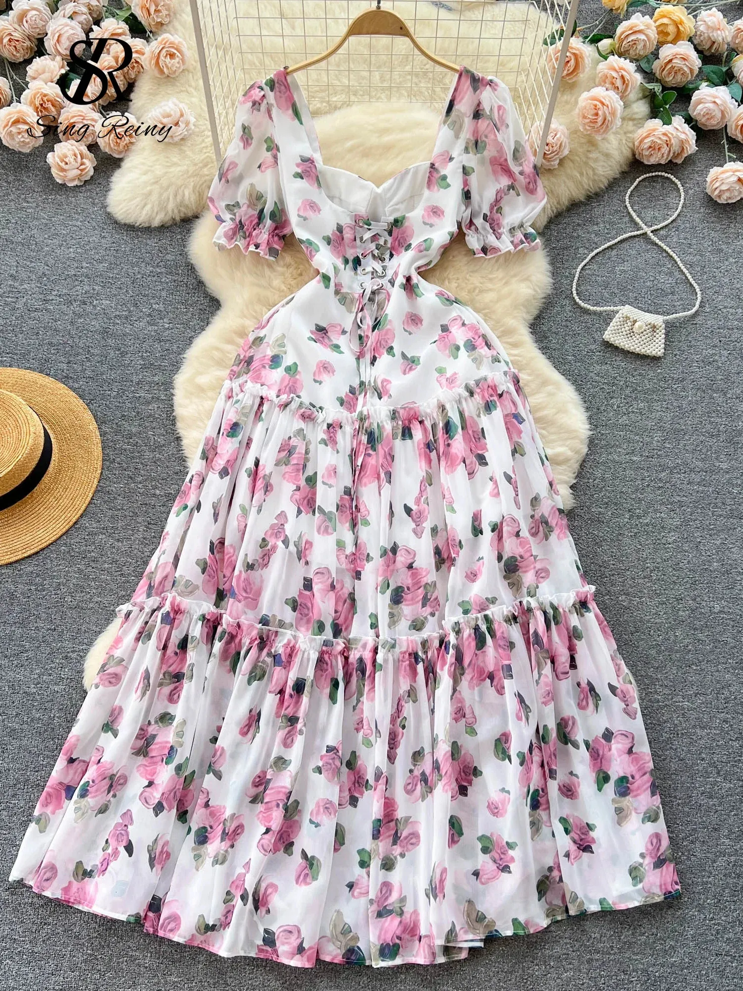 Vestido Largo De Verano Para Mujer, Con Estampado Floral, Sin Mangas, Cuello En V, Cruzado, Espalda Descubierta, Gasa, Playa, Bohemio, Fiesta, Vestido Largo, Albaricoque, Pequeña
