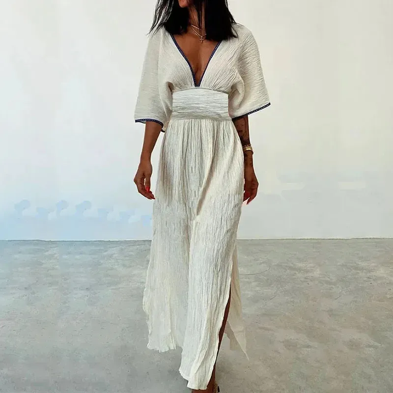 chinese dress ladies Buy Pine Green Cotton-Linen Deep-V Neck Empire Waist Maxi Dress Online at  SeamsFriendly main image 0