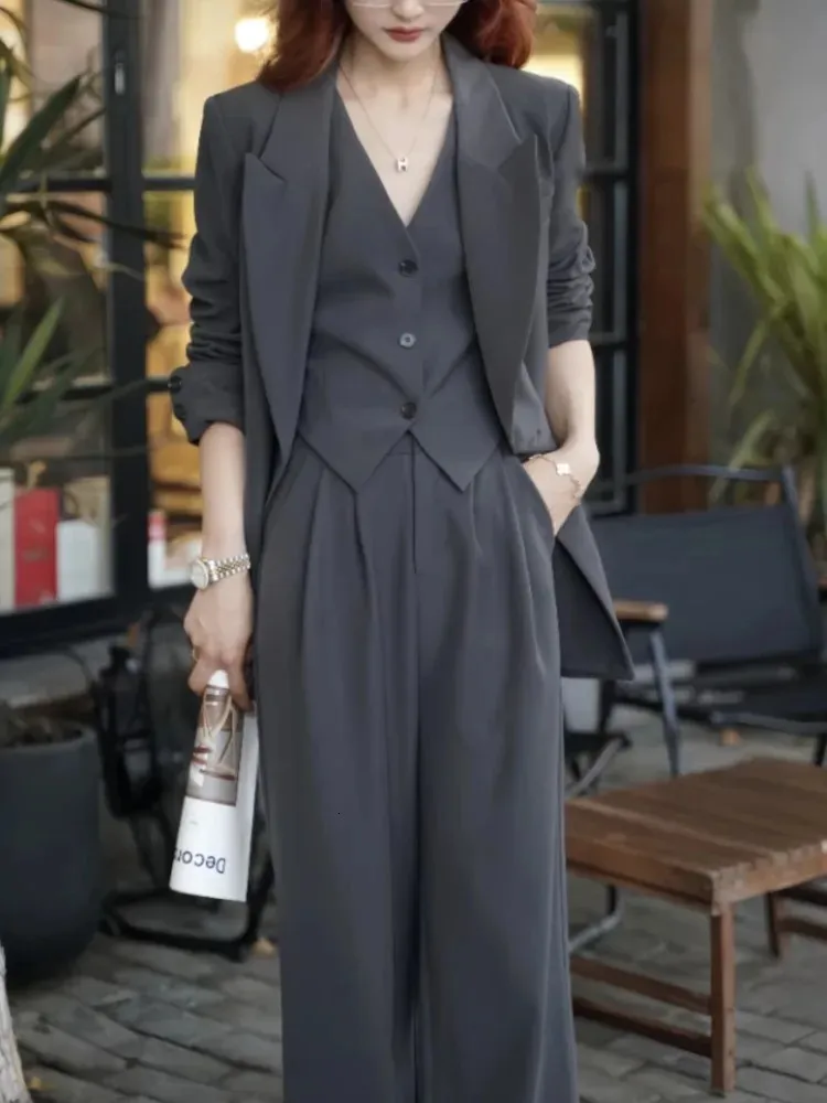 Korean Fashion Women Business Blazer 3 Pieces Set Elegant Casual Jackets Coat Sleeveless Vest and Pant Suit Female Clothes 240712