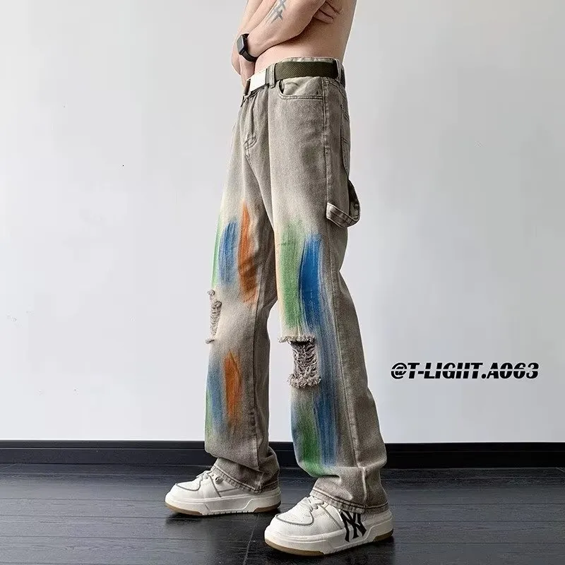 American Style Yellow Mud Dyed Ripped Jeans For Men Women