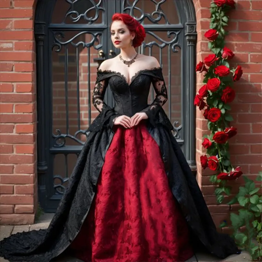 women's dark red and black off the shoulder dress gothic Gothic one-shoulder dress main image 1