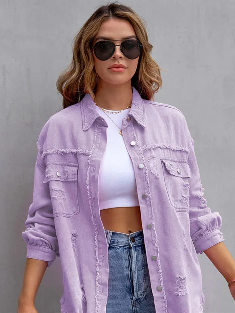 2024 Veste en jean perforee Femme Spring Automne Shirt Style Jeans decontracte Top Rose Rose Veste violette orange Veste femme 240716