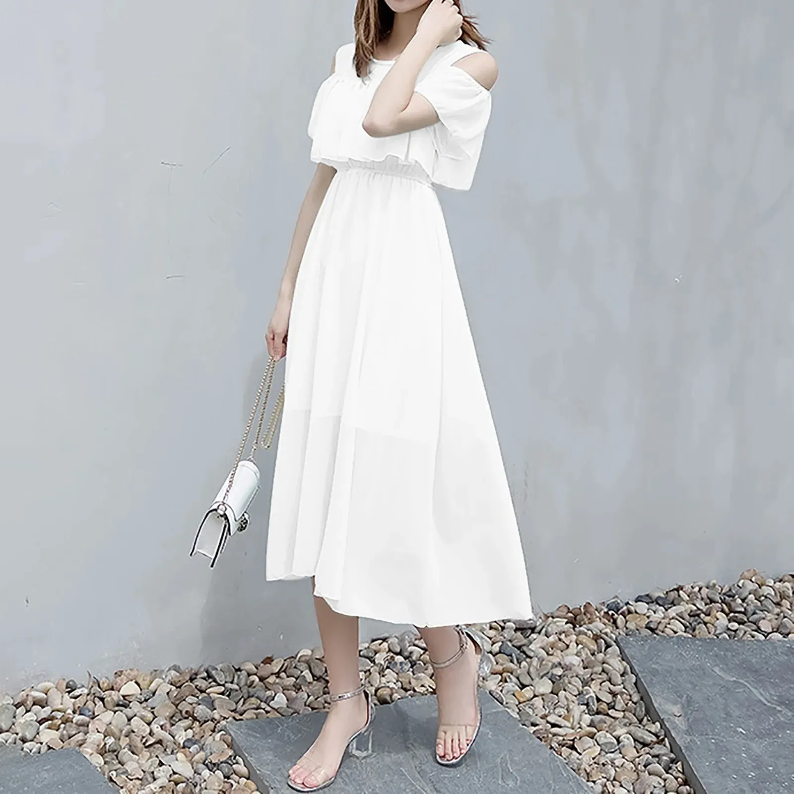 Korean Summer Fashion Sweet White Chiffon Tunic Midi Dress With Sleeves With Ruffles And O Neckline For Women Style 240716 From Huafei05 13.43 DHgate.Com