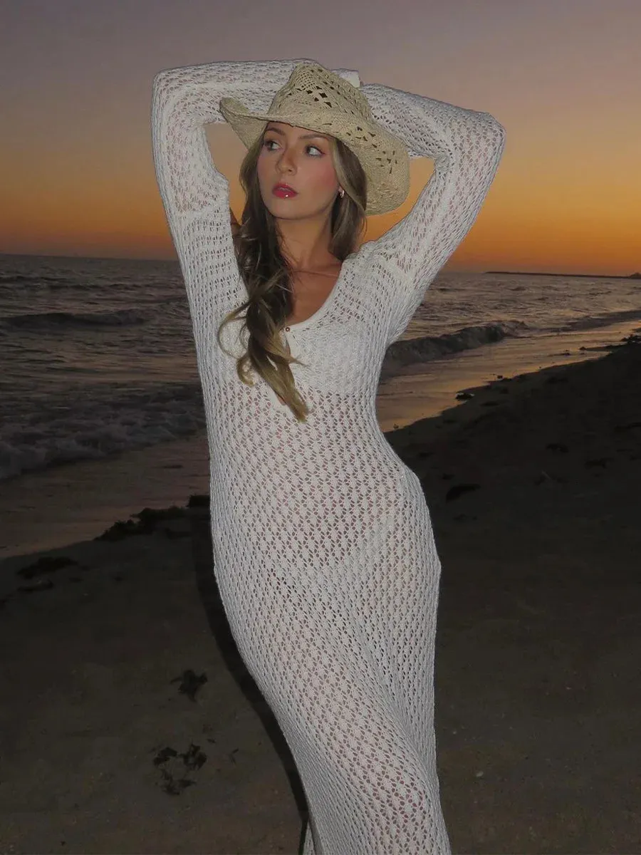 white knit cover up dress Womens White Chiffon Knit Beach Dress Short Sleeve Floor Length Up To 50%  Off