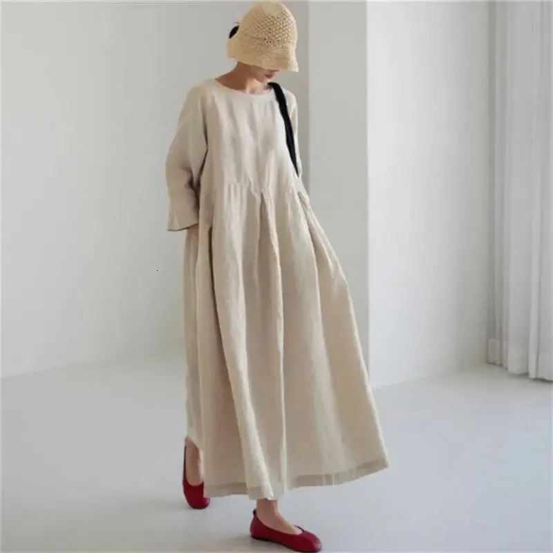 kai01 Vintage Solid Color Cotton Linen Maxi Dress for Women Loose Fit Long Sleeved Round Neckline