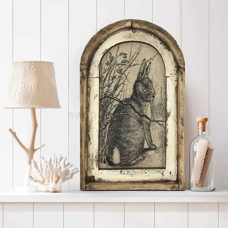 Retro Rabbit Wall Art Bamboo Wooden Bunny Print in Black Modern Style ...