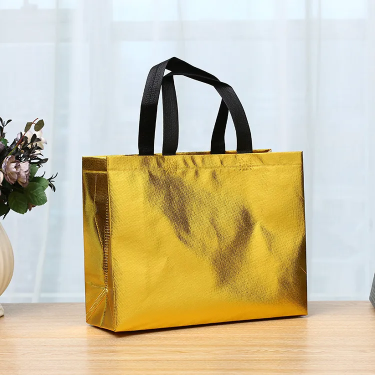 wholesale Metallic Folding Non Woven Bags Gold Silver Laser Printing Custom Print