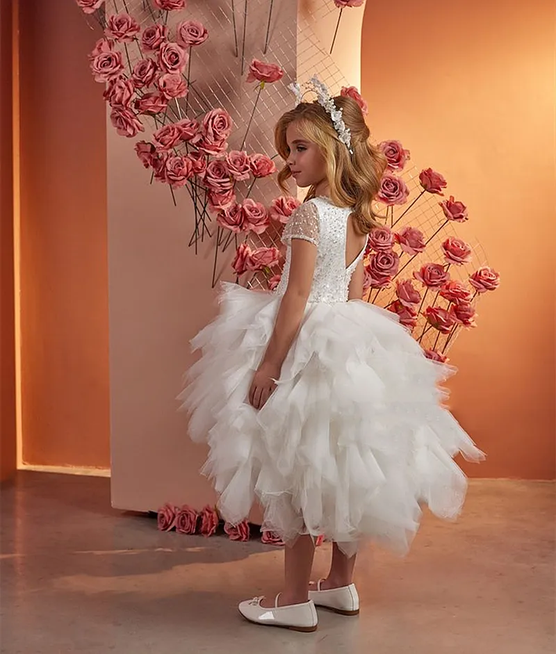 Ivory Tiered Tutu flower girl dress with Jewel Neckline, Short Sleeves, Sequins, and Beaded Top - Perfect for Formal Occasions, Birthdays, Pageants,