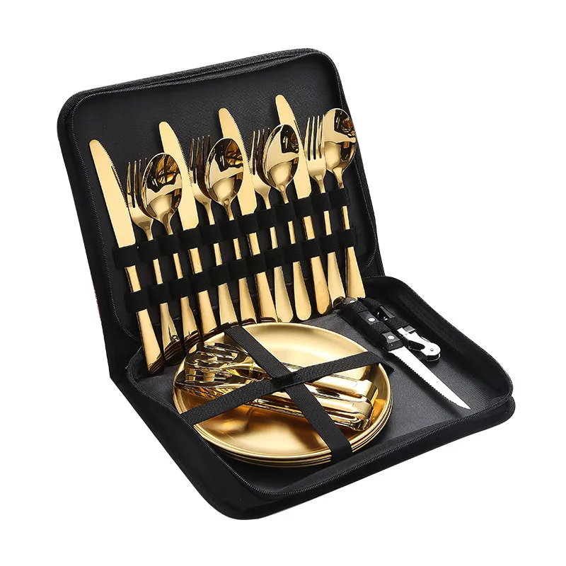 Conjunto de talheres portáteis de aço inoxidável para atividades ao ar livre, faca para churrasco de acampamento, garfo e colher, conjunto de talheres para piquenique com bolsa de armazenamento_voghion.com