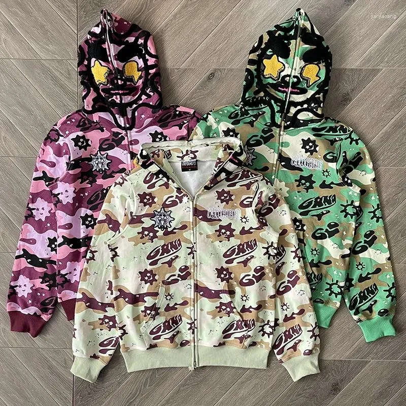 Glo Gang Style Hoodie: Full Zip Cartoon Jacket & Camo