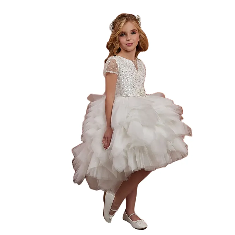 Ivory Tiered Tutu flower girl dress with Jewel Neckline, Short Sleeves, Sequins, and Beaded Top - Perfect for Formal Occasions, Birthdays, Pageants,