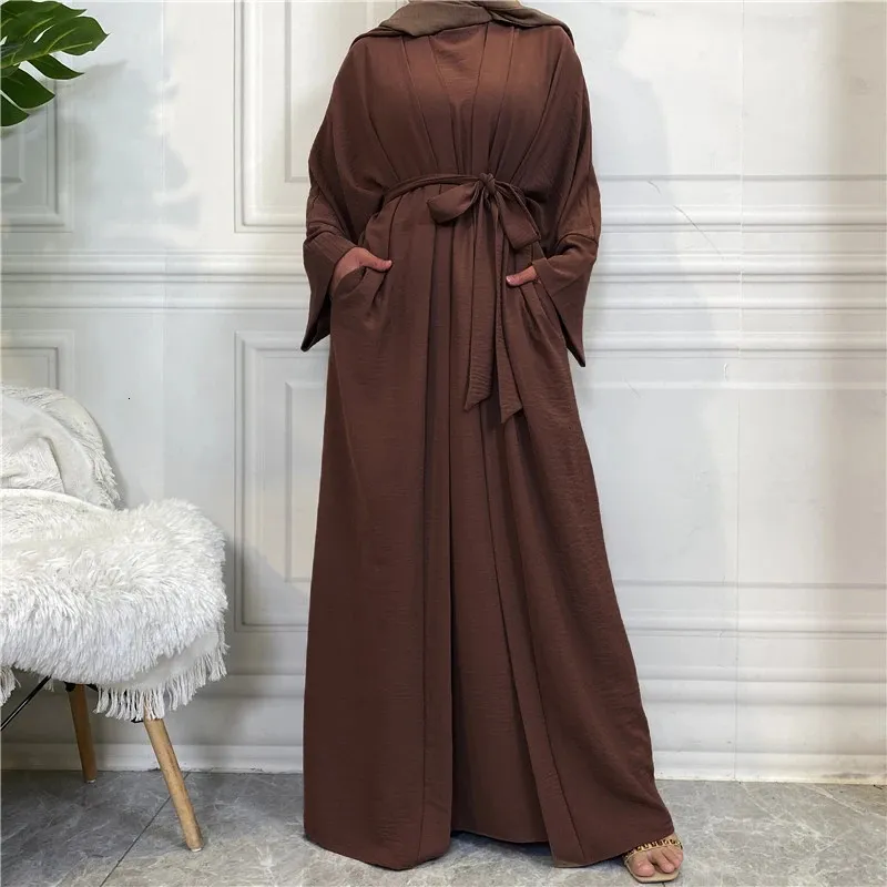 Two Piece Set: Solid Cardigan Abaya Long Dress with Pocket, Fashion ...