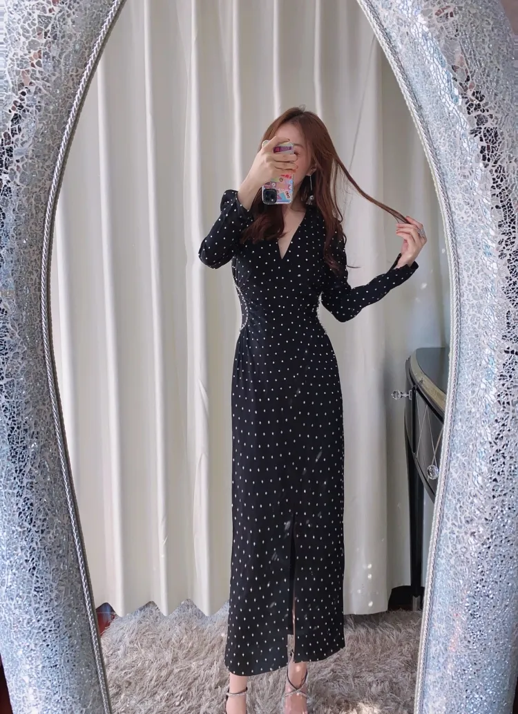 Elegant V-Neck Long Sleeve Black Dress with Split - Shop Now! from Dhgate  Two Piece Dress - price 106.95