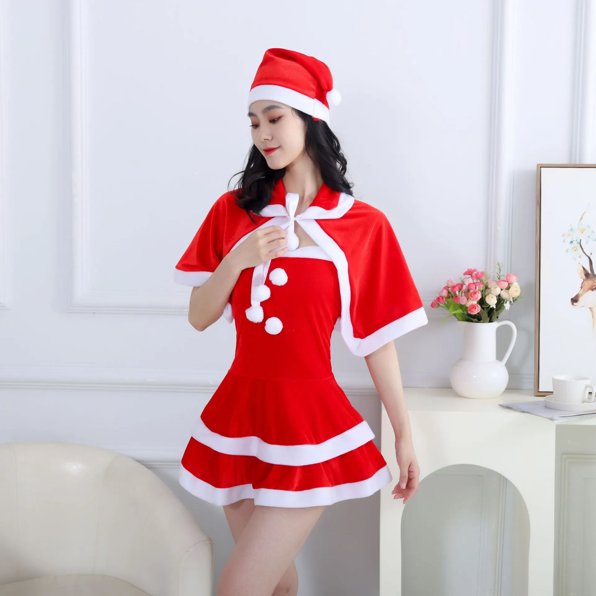 Womens Christmas Santa Claus Costume Red Velvet Skirt, Festive