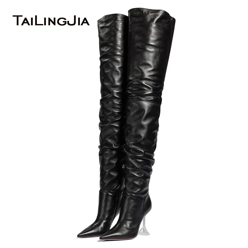 2024 New Pointed Toe Over The Knee Boot Clear Heel Women Shoes Long Boots Winter Ladies High Heel Black Thigh High BootsL240914