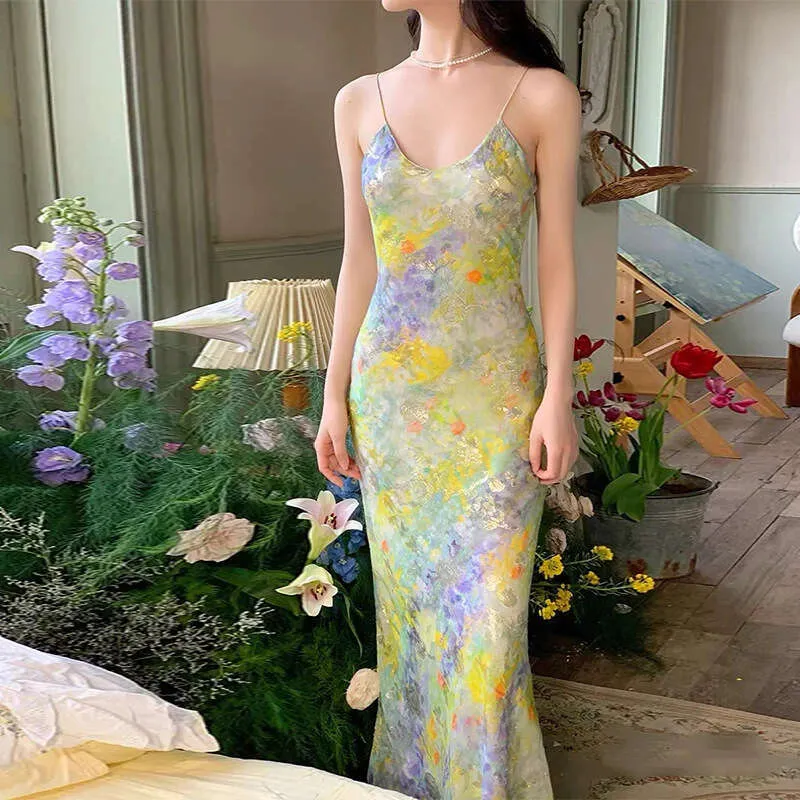 Leisure Time Silk Strap Dress French Art Print Long Holiday Summer Dress  For Women Slim Fit Bifurcated Autumn Dress With Novelty Temperament From  Clothing959421, $97.72 | DHgate.Com