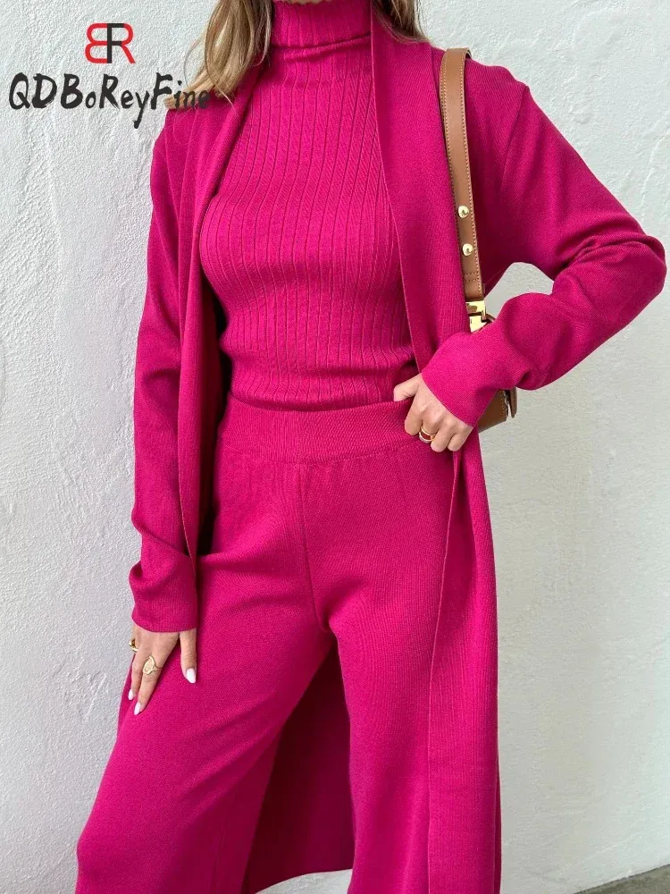 Save Big on Bulk Knitted Suit Set Women's Women's Knitted Suit Elegant Slim  Turtleneck Vest, Long Cardigan Wide Leg Pants Piece Office Outfit For 