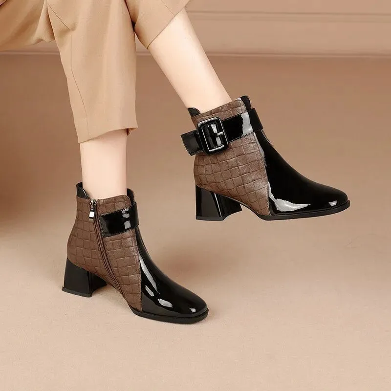 Autumn Women Ankle Boots: PU Leather Thick Heel Winter Short Boots
