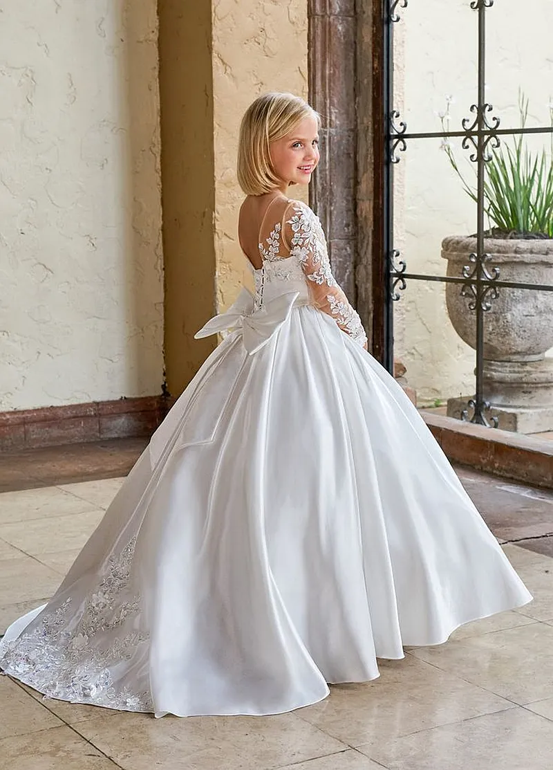 Save Big on Bulk White Dress For Little Girl Ceremony White Princess 1st  Communion Dress: Satin Long Flower Girl Gown Lace Appliques, Bow Back  Formal