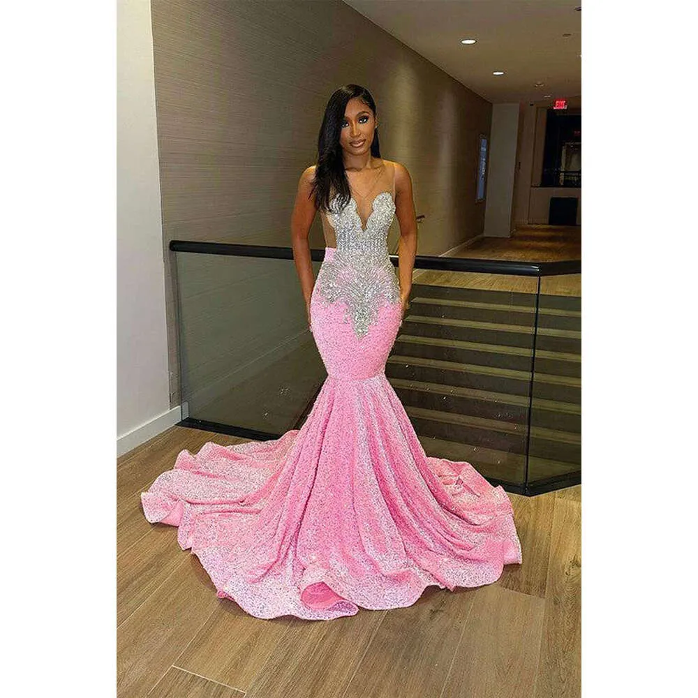 chinese dress ladies Zapaka Women Sparkly Pink Prom Dress with Slit Mermaid Lace-Up Back Party Dress, Pink / US8 main image 1