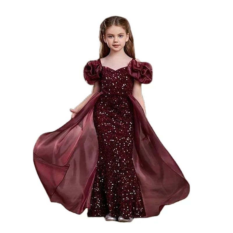 Burgundy sequined Mermaid Pageant Dress with Detachable Train and Sleeves - Perfect for Toddler Birthday Parties and Special Occasions