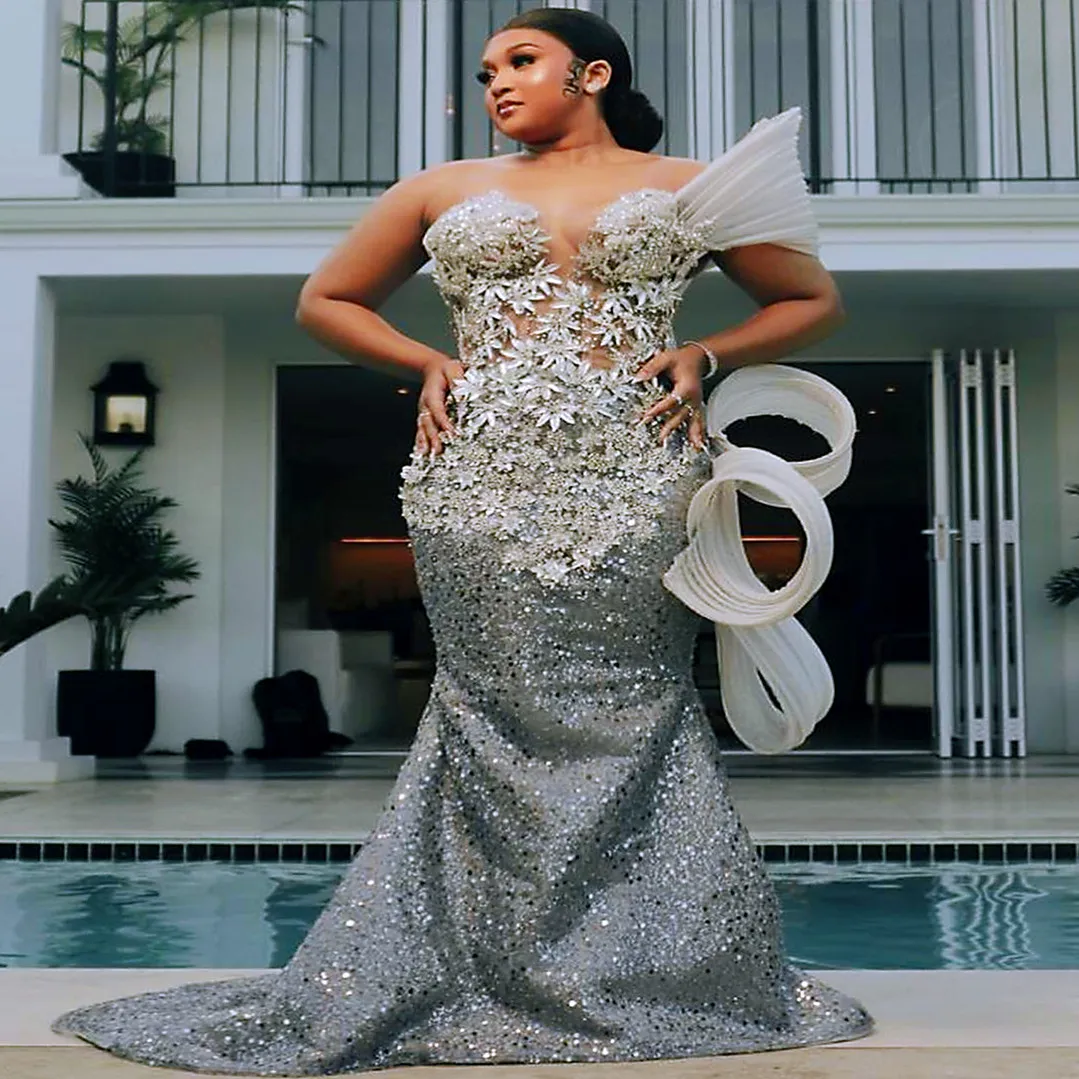 Plus Size Silver Mermaid Prom Dress Elegant Beaded Lace Evening Gown  Shop Now!
