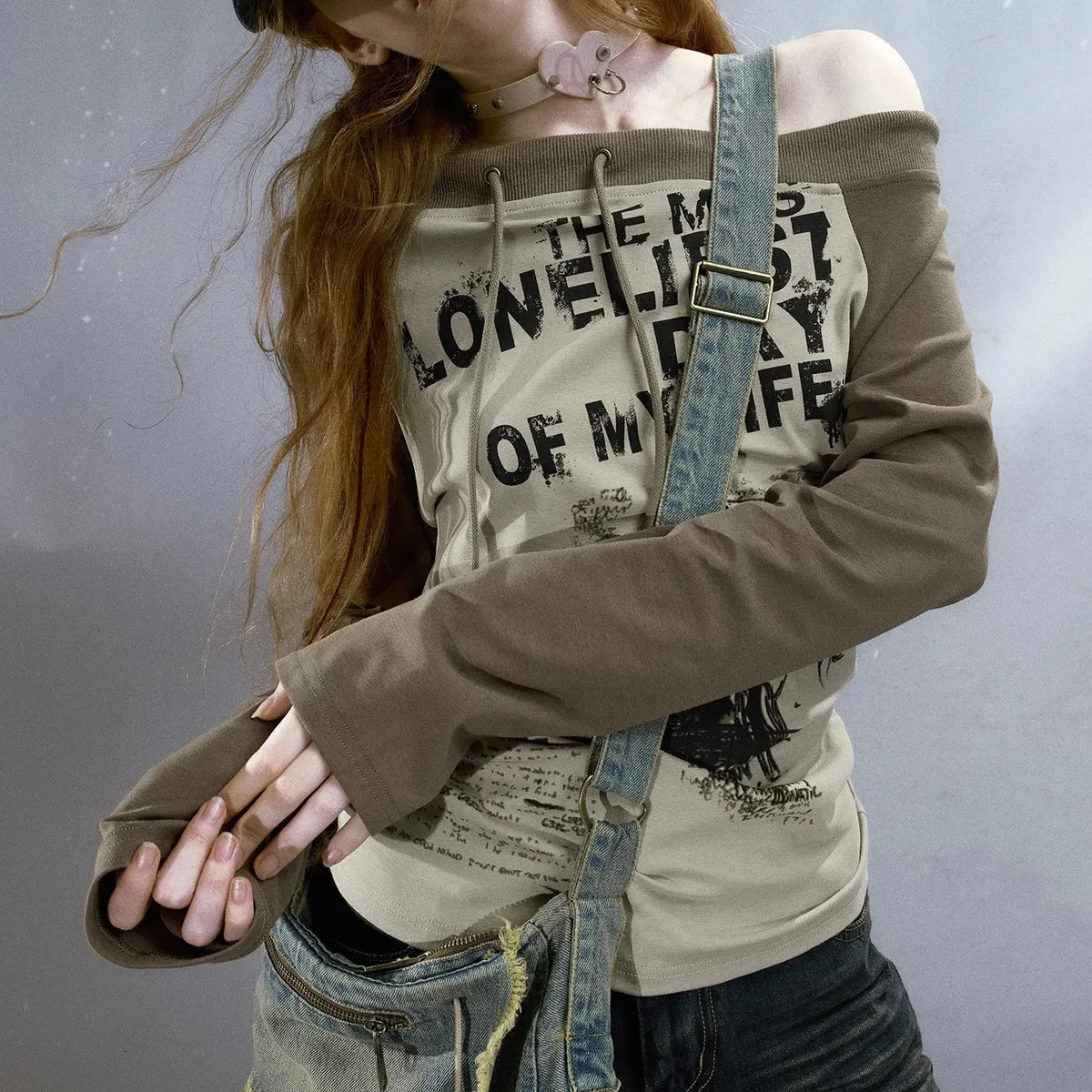 Graphic Print Long Sleeve Off Shoulder T-Shirt for Women, Gothic