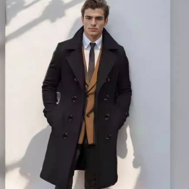 Premium Quality Mens Wool Long Coat: Double Breasted Overcoat