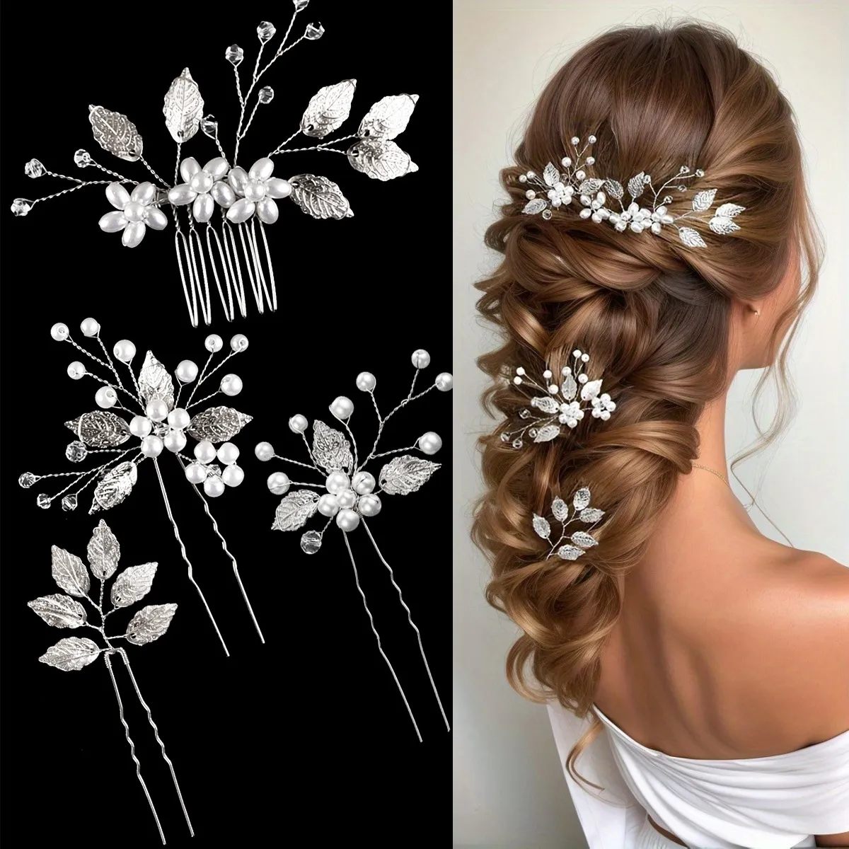 Vintage Floral Rose Leaf Hair Pin Clip Comb Gold Silver Alloy Women SOBEIT Bridal Hair Clips 2PCS Pearl White Flower Mesh Clips  main image 2