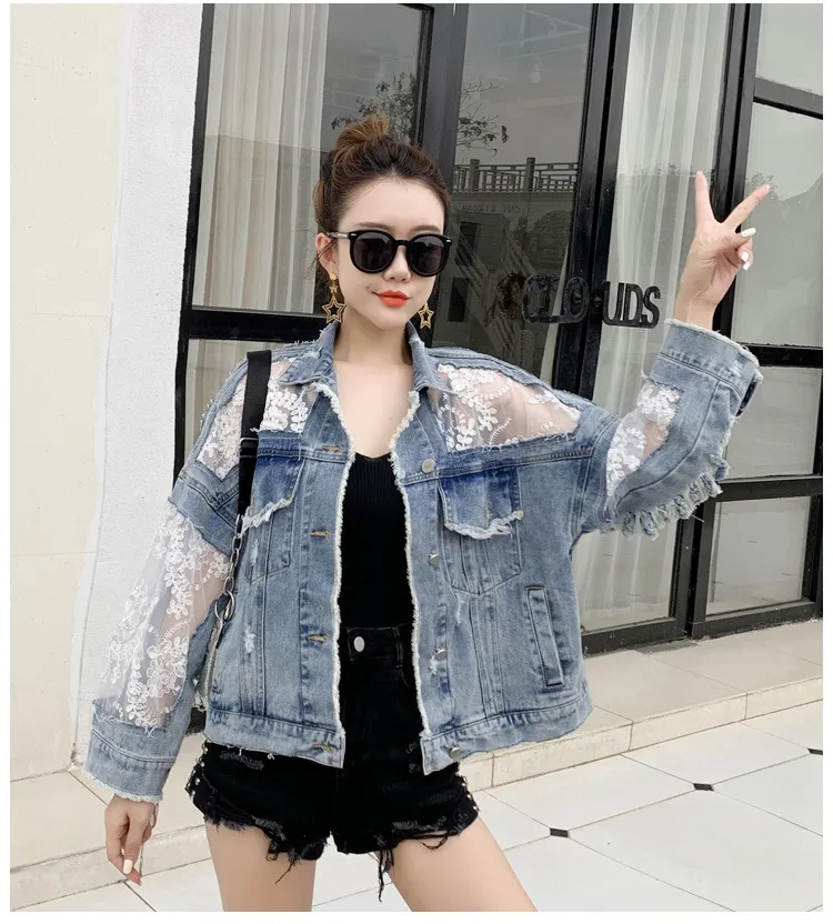 DHgate Lace Denim Jacket for Women Elegant 2024 Spring Autumn Jean Coat Apparel