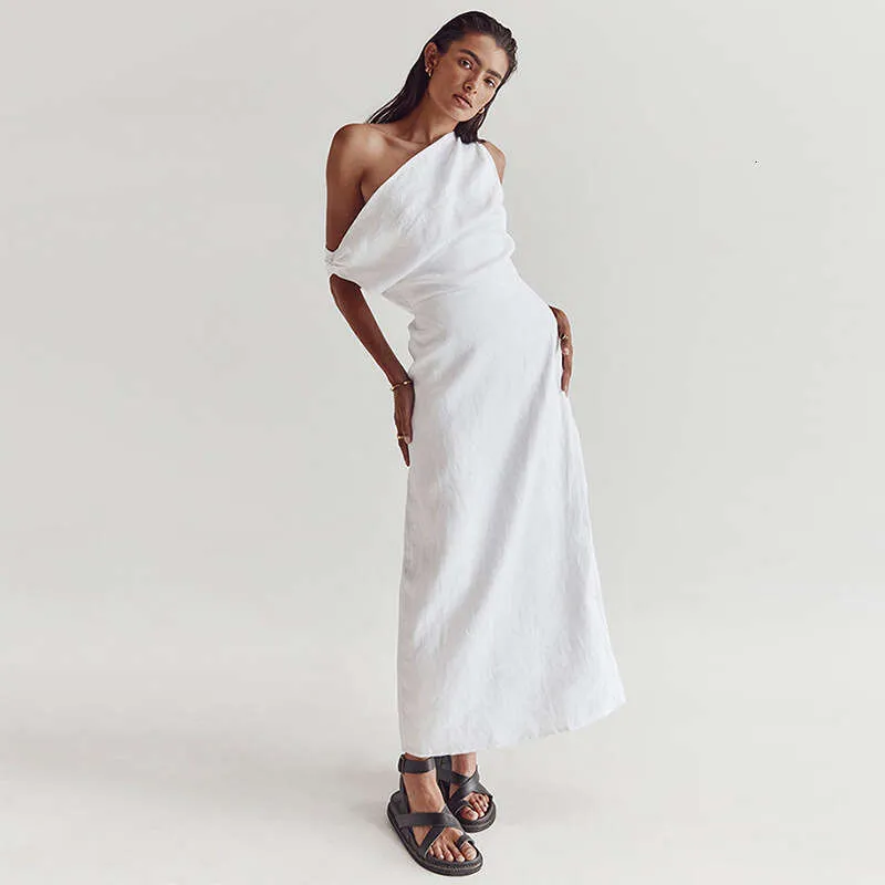 navy blue dress for baby girl Australian Niche Dissh Linen White Halter Dress with Asymmetrical One Shoulder Long Skirt and Silk Waist