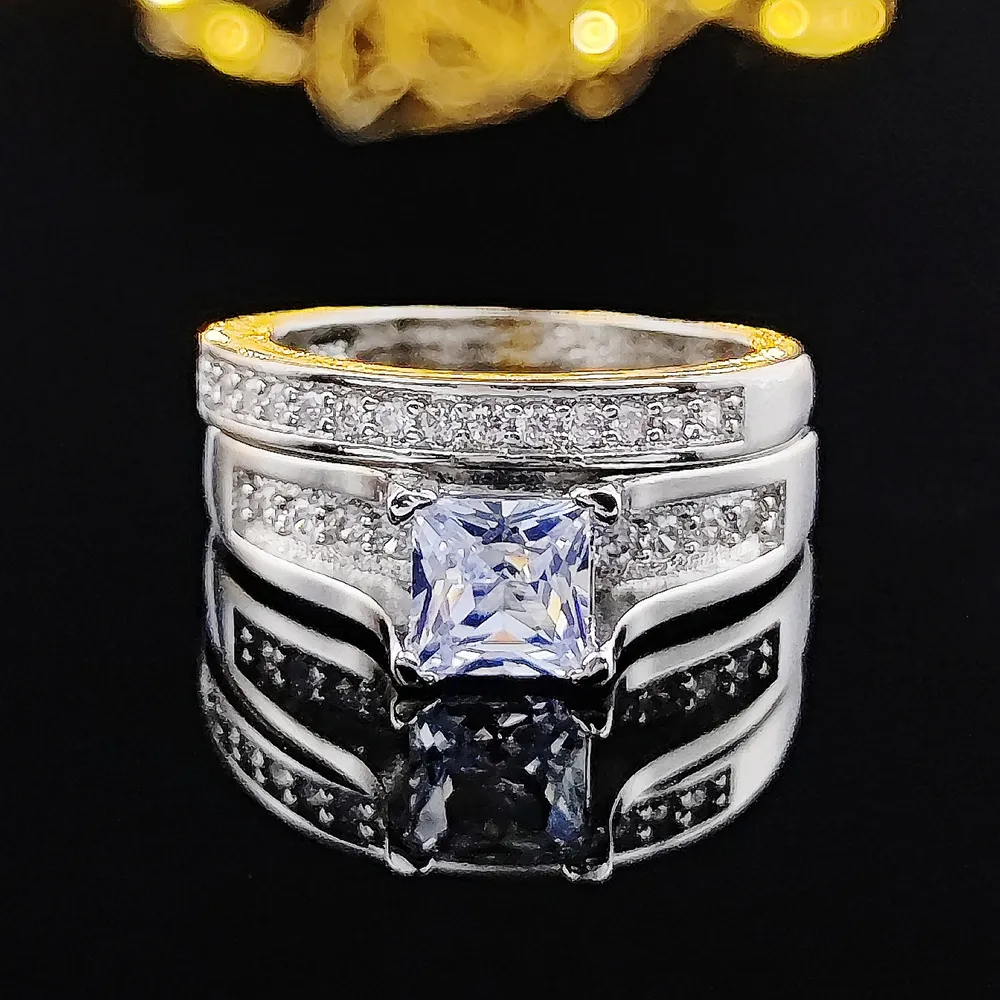 Klassisches Designer-Diamantring-Set mit glänzendem quadratischem Zirkonia-Einsatz – Luxusschmuck für Damen, Geschenkidee für Hochzeiten, Partys und Verliebte, zwei Ringe_voghion.com