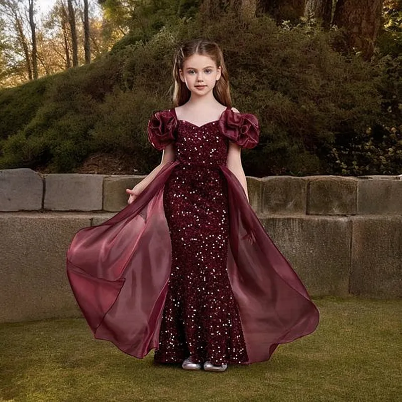 Burgundy Sequin Mermaid Kids Pageant Dress Toddler Flower Girl Dress with Detachable Train