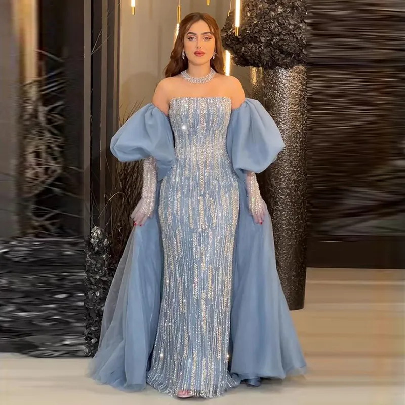 Vogue Sky Blue Off Shoulder Sheath Beads Designer Occasion Dresses Evening Dress Party Gown Saudi Arabia Dubai India Muslim Russia Long Sleeves