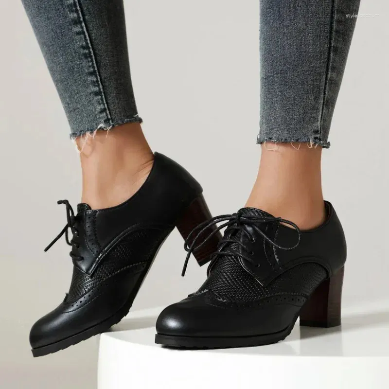 chinese dress ladies Amazon.com | Women's Vintage Lace Up Oxfords Wingtip Mid Chunky Heel Round  Toe PU Leather Pumps Dress Shoes,Black,US5 main image 1