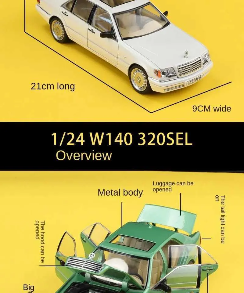 1/24スケールダイキャストメタルベンツW140 320SELビンテージカー