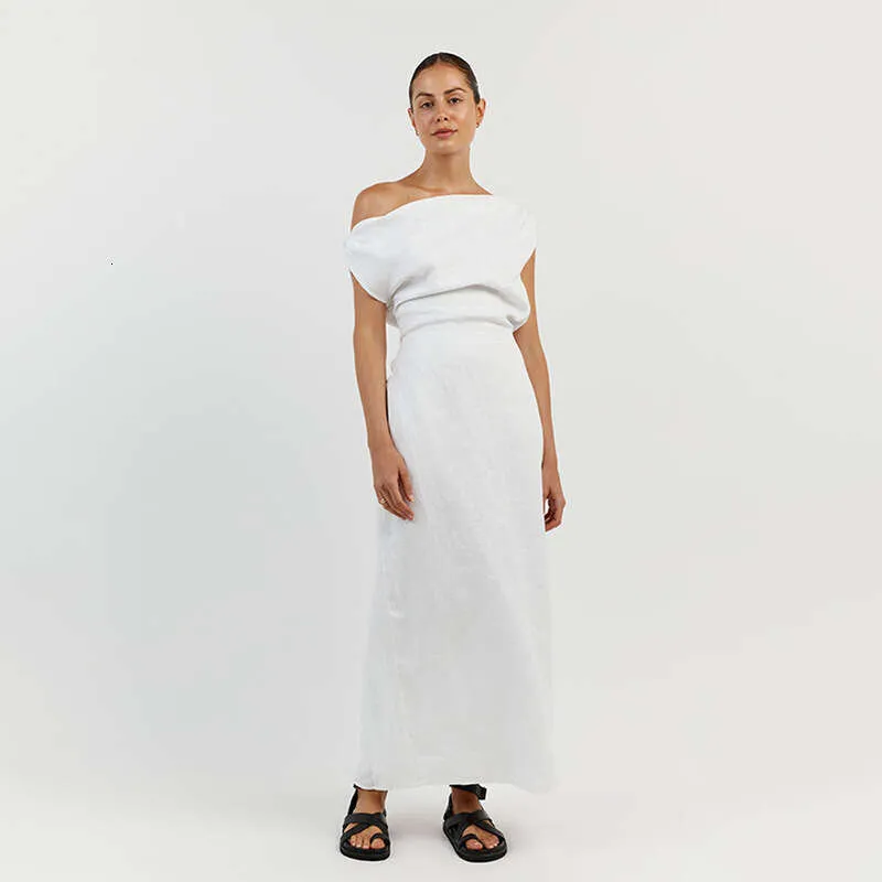 Australian Niche Dissh Linen White Halter Dress with Asymmetrical One Shoulder Long Skirt and Silk Waist