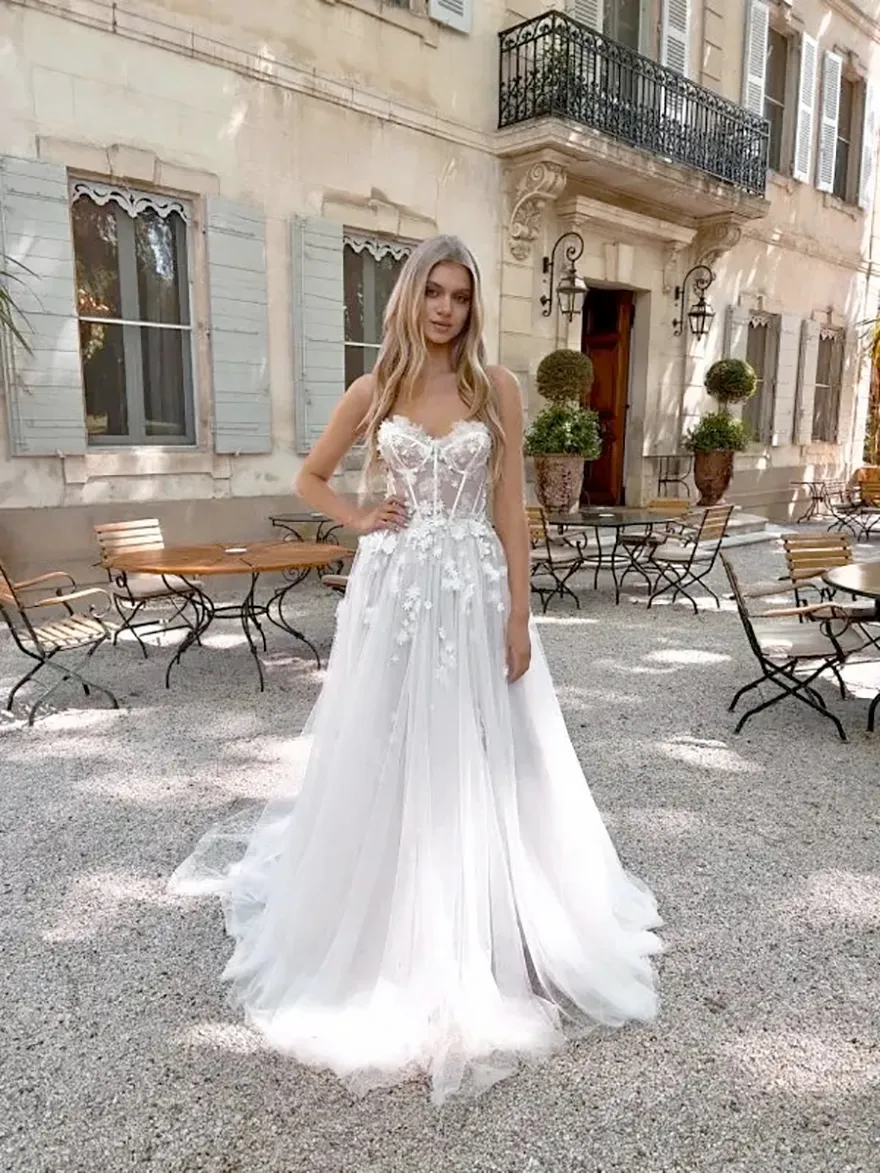 Plus Size Soft A Line Wedding Dress Lace Sweetheart A Line Wedding Dress  With Detachable Puff Sleeves Boho Beach Bridal Gown From Verycute,