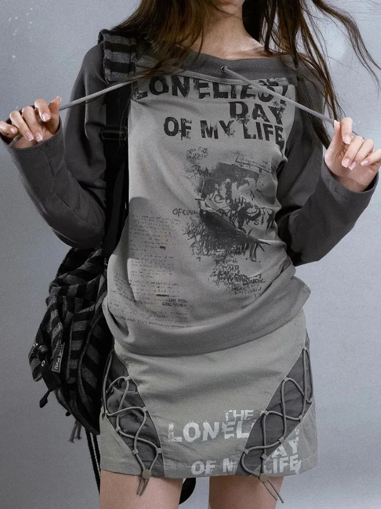 Graphic Print Long Sleeve Off Shoulder T-Shirt for Women, Gothic
