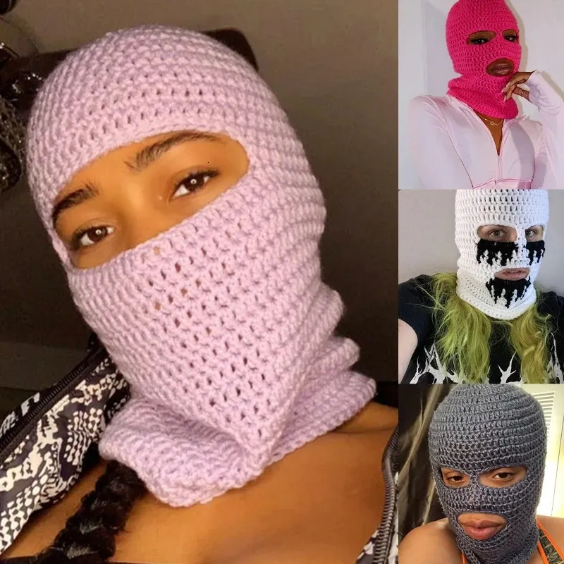 Rainbow Striped Knit Balaclavas Hooded Winter Skull Cap Beanies
