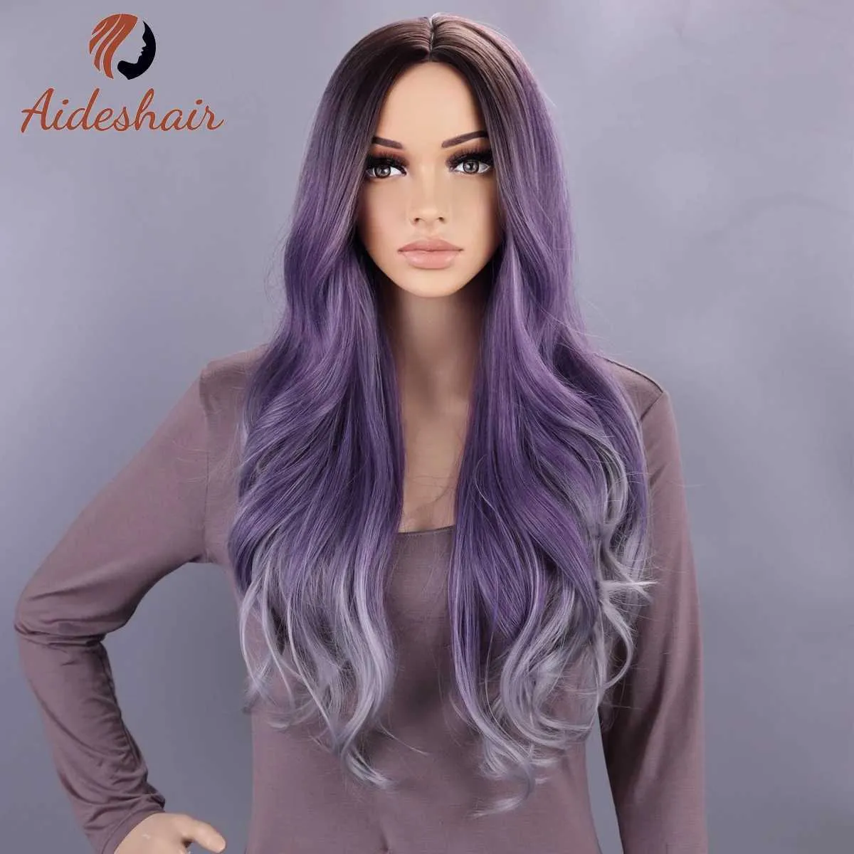Long Wavy Ombre Purple Wig 26 Inch Synthetic Wig, Middle Part